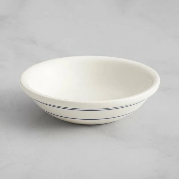 Acopa 4 Oz. Ivory (American White) Stoneware Fruit Dish With Blue Bands - 36/Case 2 Acopa 4 Oz. Ivory (American White) Stoneware Fruit Dish With Blue Bands - 36/Case - Image 2