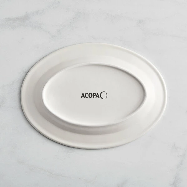 Acopa 12 5/8" X 8 3/4" Ivory (American White) Wide Rim Stoneware Platter With Blue Bands - 12/Case 3 Acopa 12 5/8" X 8 3/4" Ivory (American White) Wide Rim Stoneware Platter With Blue Bands - 12/Case - Image 3