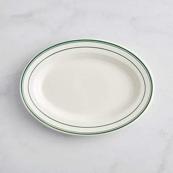 Acopa 12 5/8" X 8 3/4" Ivory (American White) Wide Rim Stoneware Platter With Green Bands - 12/Case 2 Acopa 12 5/8" X 8 3/4" Ivory (American White) Wide Rim Stoneware Platter With Green Bands - 12/Case - Image 2