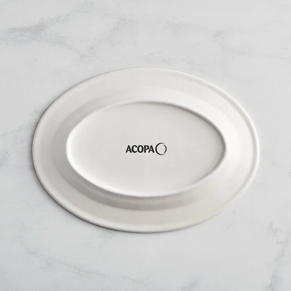 Acopa 12 5/8" X 8 3/4" Ivory (American White) Wide Rim Stoneware Platter With Green Bands - 12/Case 3 Acopa 12 5/8" X 8 3/4" Ivory (American White) Wide Rim Stoneware Platter With Green Bands - 12/Case - Image 3