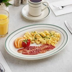 Acopa 12 5/8" X 8 3/4" Ivory (American White) Wide Rim Stoneware Platter With Green Bands - 12/Case