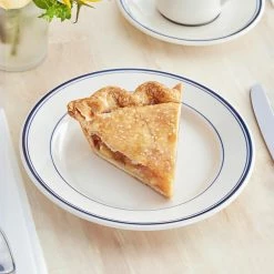 Acopa 8 3/8" Ivory (American White) Stoneware Wide Rim Plate With Blue Bands - 36/Case