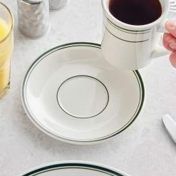 Acopa 6" Ivory (American White) Stoneware Saucer With Green Bands - 36/Case