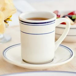 Acopa 8 Oz. Ivory (American White) Stoneware Cup With Blue Bands - 36/Case