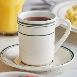 Acopa 8 Oz. Ivory (American White) Stoneware Cup With Green Bands - 36/Case