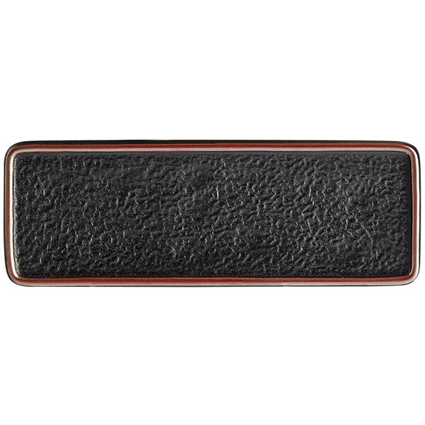 Acopa Heika 12 3/8" X 4 1/2" Black Matte Textured Rectangular Flat Stoneware Plate - 12/Case 2 Acopa Heika 12 3/8" X 4 1/2" Black Matte Textured Rectangular Flat Stoneware Plate - 12/Case - Image 2