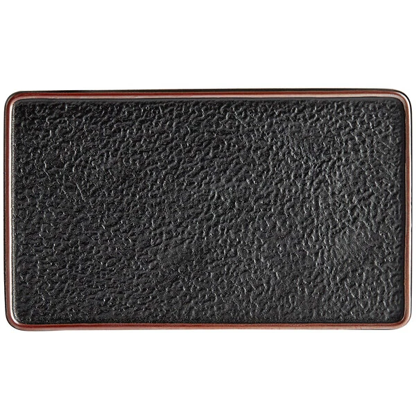 Acopa Heika 13 3/4" X 8" Black Matte Textured Rectangular Flat Stoneware Plate - 12/Case 2 Acopa Heika 13 3/4" X 8" Black Matte Textured Rectangular Flat Stoneware Plate - 12/Case - Image 2