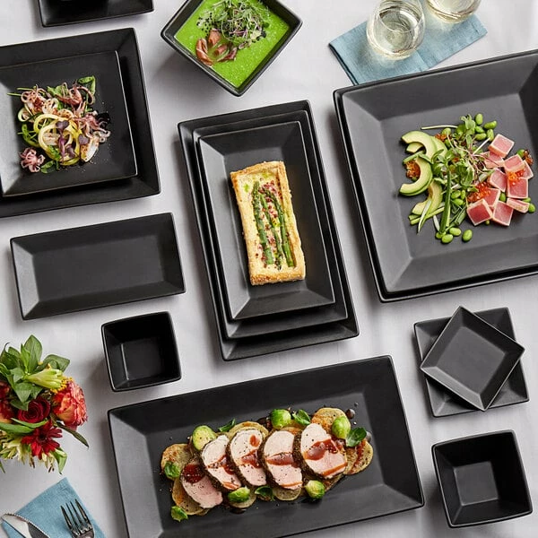 Acopa 11 1/2" X 6 1/4" Matte Black Rectangular Stoneware Platter - 12/Case 4 Acopa 11 1/2" X 6 1/4" Matte Black Rectangular Stoneware Platter - 12/Case - Image 4