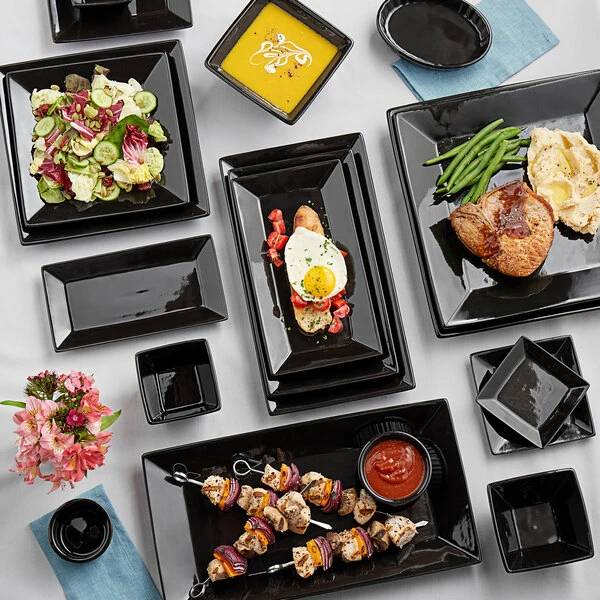 Acopa 9 1/4" Glossy Black Square Stoneware Plate - 3/Pack 4 Acopa 9 1/4" Glossy Black Square Stoneware Plate - 3/Pack - Image 4