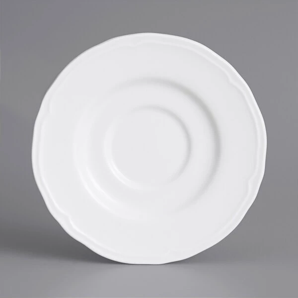 Tuxton SCE-050 TuxTrendz Charleston Bright White 5 1/2" Scalloped Edge China Demitasse Saucer - 36/Case 1 Tuxton SCE-050 TuxTrendz Charleston Bright White 5 1/2" Scalloped Edge China Demitasse Saucer - 36/Case
