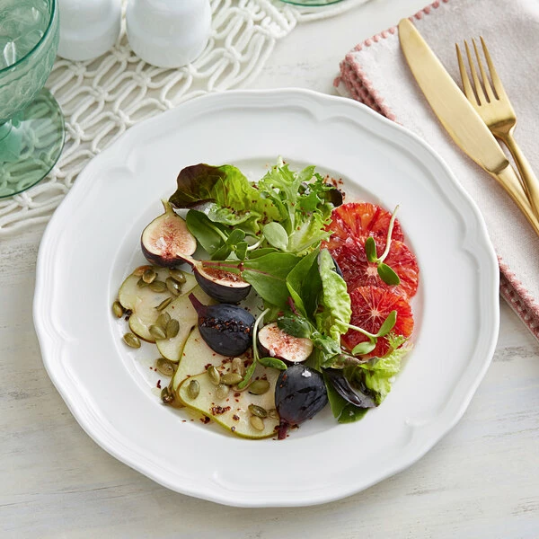 Sample - Acopa Condesa 10 1/2" Pearl White Scalloped Wide Rim Porcelain Plate 1 Sample - Acopa Condesa 10 1/2" Pearl White Scalloped Wide Rim Porcelain Plate