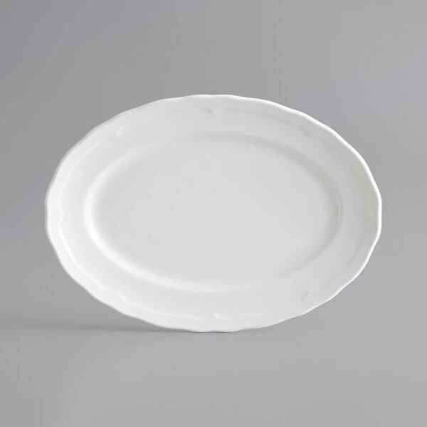 Sample - Acopa Condesa 11 1/2" X 8 1/4" Pearl White Scalloped Wide Rim Porcelain Platter 2 Sample - Acopa Condesa 11 1/2" X 8 1/4" Pearl White Scalloped Wide Rim Porcelain Platter - Image 2