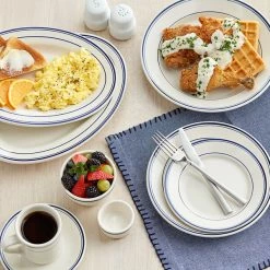 Acopa 9" Ivory (American White) Stoneware Wide Rim Plate With Blue Bands - 24/Case -Rak Porcelain shop 2226265