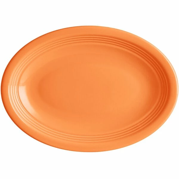 Acopa Capri 9 3/4" X 7" Valencia Orange Oval Stoneware Coupe Platter - 12/Case 2 Acopa Capri 9 3/4" X 7" Valencia Orange Oval Stoneware Coupe Platter - 12/Case - Image 2