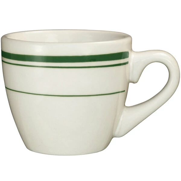 International Tableware Verona 3.5 Oz. Ivory (American White) Stoneware Cup With Green Bands - 36/Case 1 International Tableware Verona 3.5 Oz. Ivory (American White) Stoneware Cup With Green Bands - 36/Case