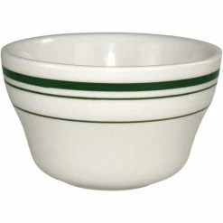 International Tableware Verona 7.25 Oz. Ivory (American White) Stoneware Bouillon With Green Bands - 36/Case
