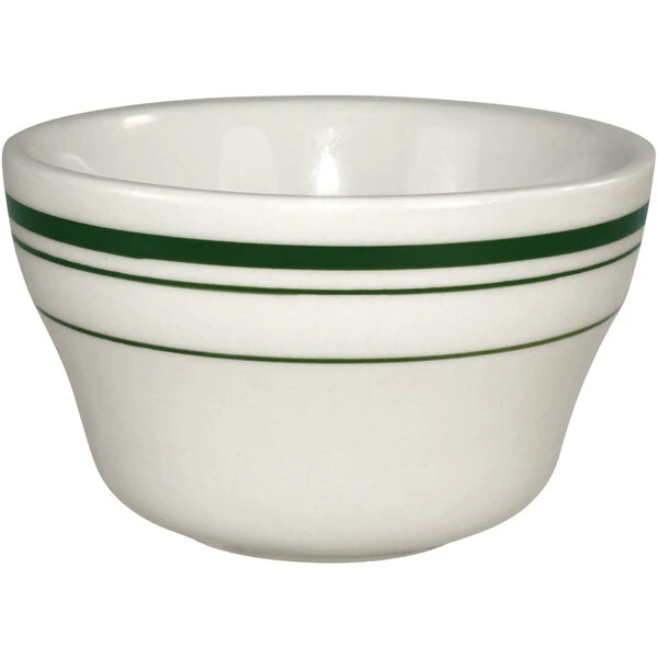 International Tableware Verona 7.25 Oz. Ivory (American White) Stoneware Bouillon With Green Bands - 36/Case 1 International Tableware Verona 7.25 Oz. Ivory (American White) Stoneware Bouillon With Green Bands - 36/Case