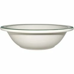 International Tableware Verona 13 Oz. Ivory (American White) Stoneware Grapefruit Bowl With Green Bands - 36/Case