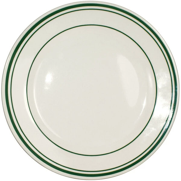 International Tableware Verona 5 1/2" Ivory (American White) Stoneware Plate With Green Bands - 36/Case 1 International Tableware Verona 5 1/2" Ivory (American White) Stoneware Plate With Green Bands - 36/Case