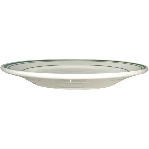 International Tableware Verona 7 1/8" Ivory (American White) Stoneware Plate With Green Bands - 36/Case 1 International Tableware Verona 7 1/8" Ivory (American White) Stoneware Plate With Green Bands - 36/Case