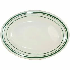International Tableware Verona 10 3/8" X 7 1/4" Ivory (American White) Stoneware Platter With Green Bands - 24/Case