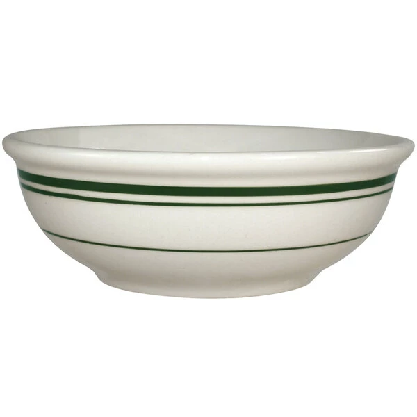 International Tableware Verona 10 Oz. Ivory (American White) Stoneware Nappie Bowl With Green Bands - 36/Case 1 International Tableware Verona 10 Oz. Ivory (American White) Stoneware Nappie Bowl With Green Bands - 36/Case