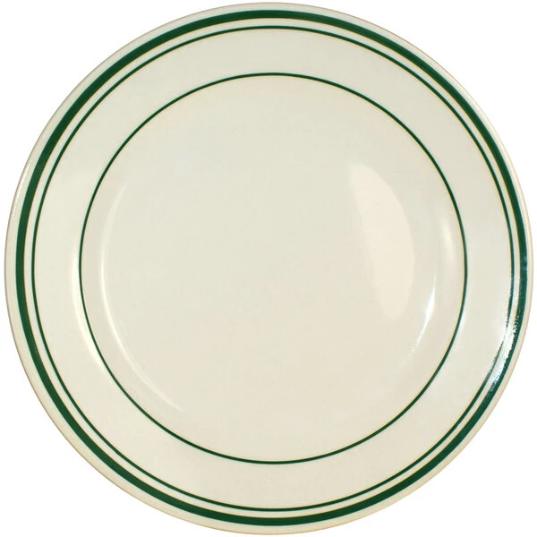 International Tableware Verona 11" Ivory (American White) Stoneware Plate With Green Bands - 12/Case 1 International Tableware Verona 11" Ivory (American White) Stoneware Plate With Green Bands - 12/Case