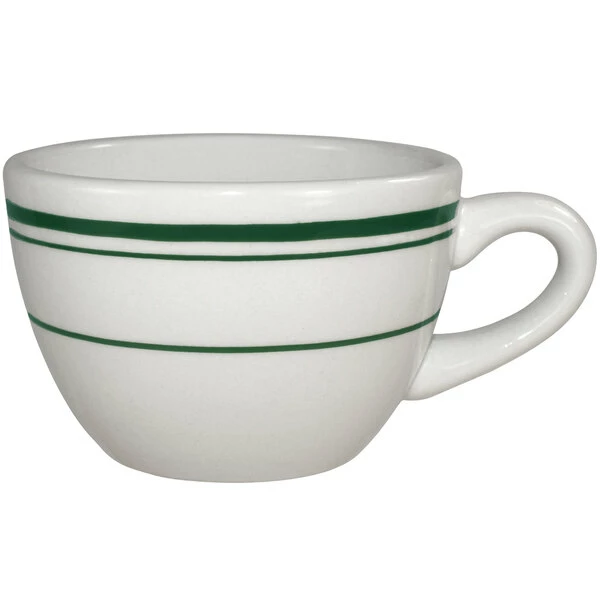 International Tableware Verona 8 Oz. Ivory (American White) Stoneware Low Cup With Green Bands - 36/Case 1 International Tableware Verona 8 Oz. Ivory (American White) Stoneware Low Cup With Green Bands - 36/Case