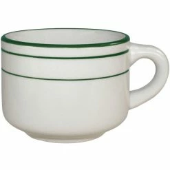 International Tableware Verona 7 Oz. Ivory (American White) Stoneware Stacking Cup With Green Bands - 36/Case