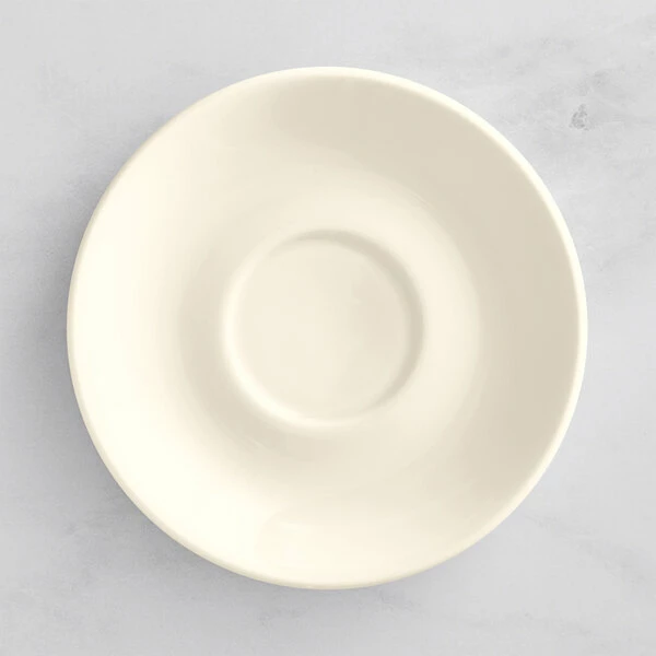 Oneida Verge By 1880 Hospitality L5800000502 6 1/4" Warm White Porcelain Saucer - 48/Case 1 Oneida Verge By 1880 Hospitality L5800000502 6 1/4" Warm White Porcelain Saucer - 48/Case