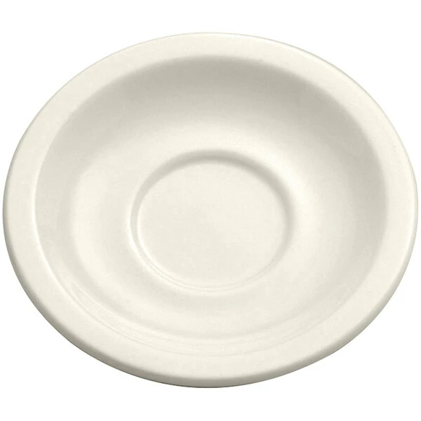 Oneida Buffalo Cream White Ware By 1880 Hospitality F9010000501 5 1/2" Rolled Edge Porcelain Saucer - 36/Case 1 Oneida Buffalo Cream White Ware By 1880 Hospitality F9010000501 5 1/2" Rolled Edge Porcelain Saucer - 36/Case