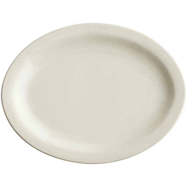 Acopa 12 1/2" X 10 1/4" Ivory (American White) Narrow Rim Oval Stoneware Platter - 12/Case 2 Acopa 12 1/2" X 10 1/4" Ivory (American White) Narrow Rim Oval Stoneware Platter - 12/Case - Image 2