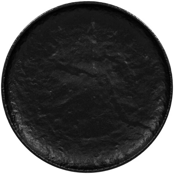 RAK Porcelain Roks 9 7/16" Black Round Porcelain Flat Coupe Plate - 12/Case 1 RAK Porcelain Roks 9 7/16" Black Round Porcelain Flat Coupe Plate - 12/Case