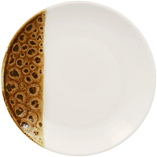 RAK Porcelain Wild 5 7/8" Brown Round Porcelain Flat Coupe Plate - 12/Case 1 RAK Porcelain Wild 5 7/8" Brown Round Porcelain Flat Coupe Plate - 12/Case