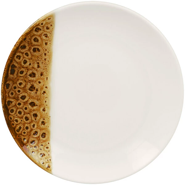 RAK Porcelain Wild 7 1/8" Brown Round Porcelain Flat Coupe Plate - 12/Case 1 RAK Porcelain Wild 7 1/8" Brown Round Porcelain Flat Coupe Plate - 12/Case