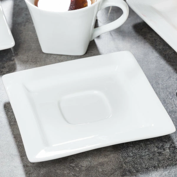 World Tableware SL-2 Slate 5 7/8" Ultra Bright White Wide Rim Square Porcelain Saucer With Well Ring - 36/Case 1 World Tableware SL-2 Slate 5 7/8" Ultra Bright White Wide Rim Square Porcelain Saucer With Well Ring - 36/Case